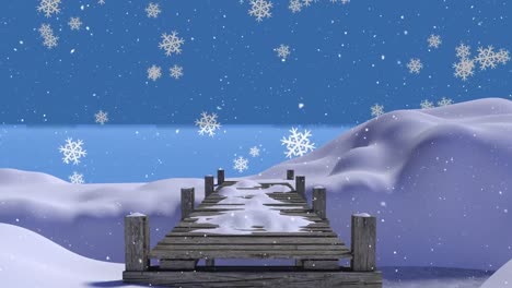 animation of snow falling over bridge in winter landscape