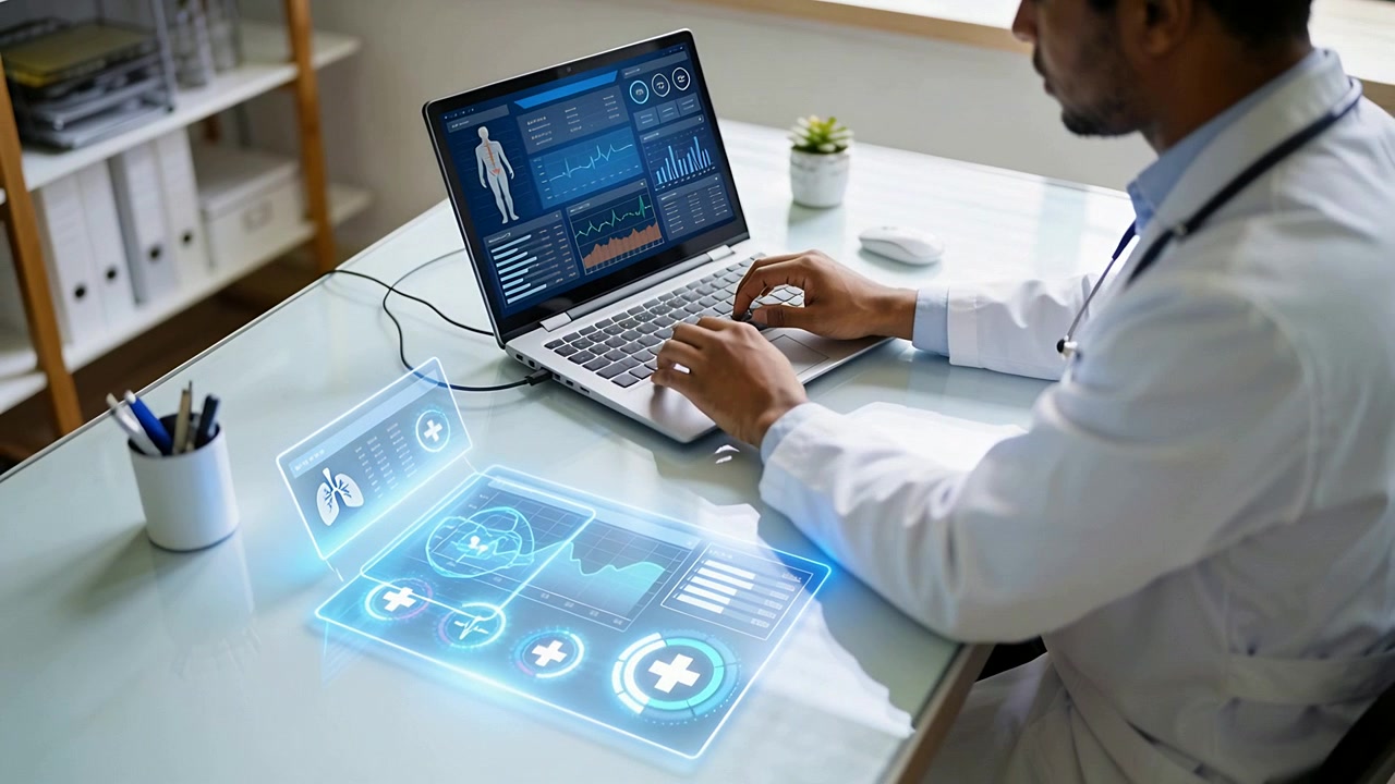 Leaning doctor in lab coat, stethoscope typing on laptop at clinic desk, reviewing patient hologram