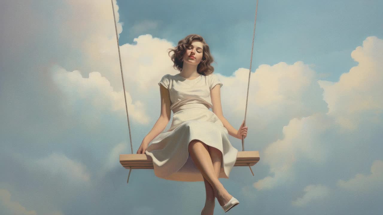 A dreamy video scene of a woman on a swing against a backdrop of fluffy clouds