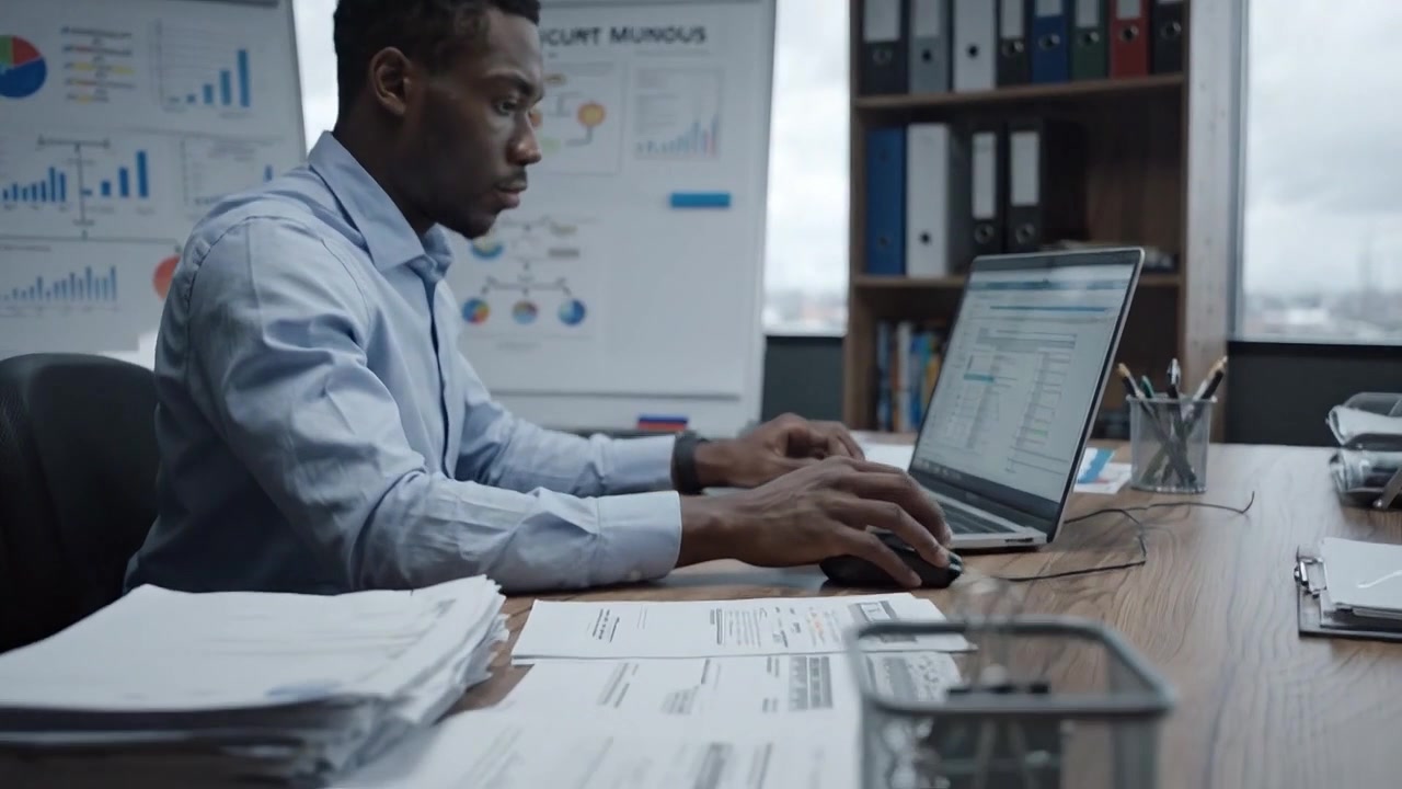 Focused Professional Analyzing Data on Laptop in Modern Office with Charts and Documents Surrounding Him Displaying a Productive Work Environment
