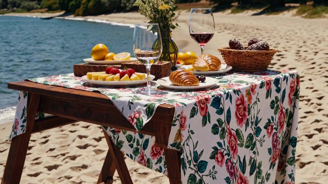 Allestimento Romantico per Picnic su una Spiaggia Soleggiata