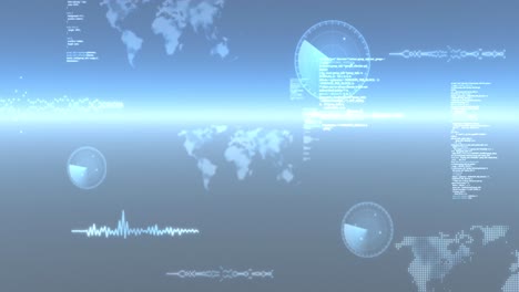 Animation-Der-Datenverarbeitung,-Des-Scannens-Von-Weltkarten-Und-Zielfernrohren-Auf-Leuchtend-Blauem-Hintergrund