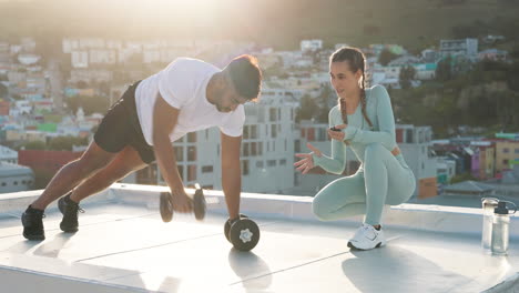 Fitness,-weights-and-couple-doing-a-pushup-workout