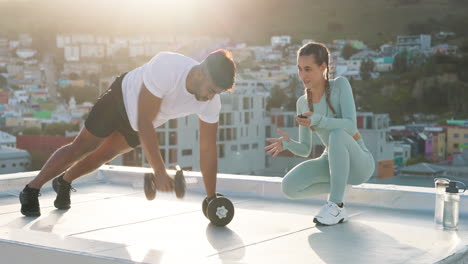 fitness, weights and couple doing a pushup workout