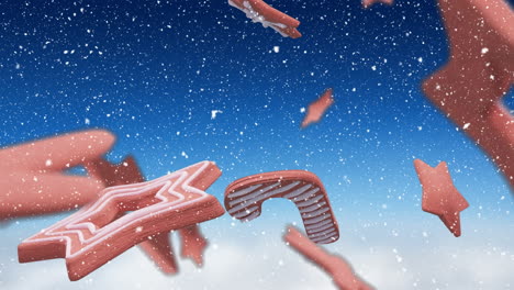 animation of christmas gingerbread cookies over snowflakes falling on blue background