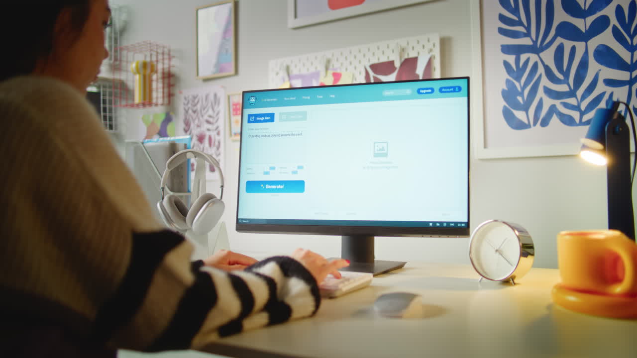 Woman editing images on a computer at home