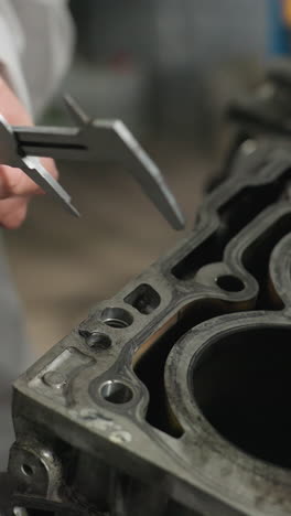 vista de cerca de un técnico que utiliza una pinza de vernier para medir las dimensiones del motor de automóvil en un taller automotriz, proceso de medición para la precisión mecánica en el espacio de trabajo de ingeniería