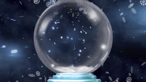 animación del globo de nieve de navidad con nieve cayendo sobre un fondo azul.