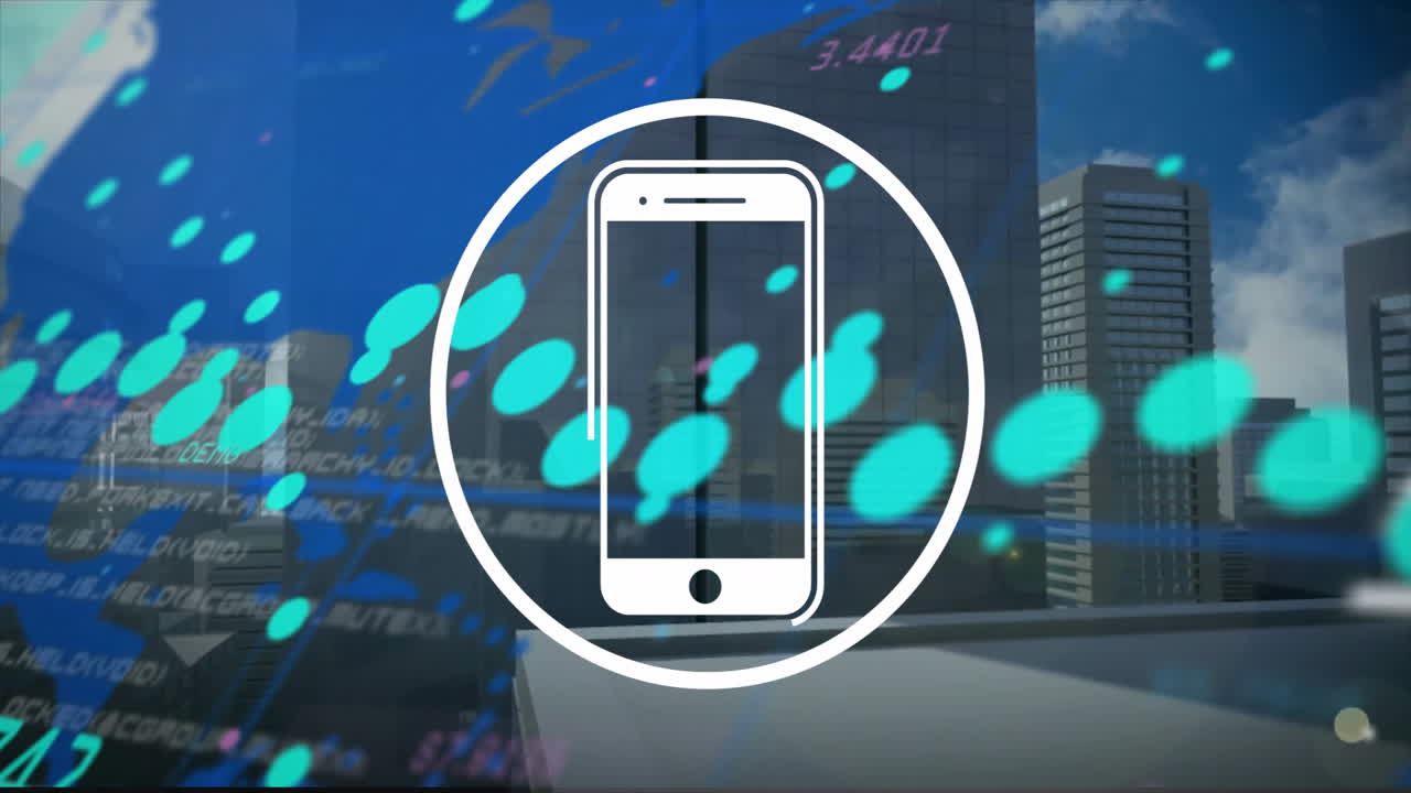 Cityscape with animated smartphone icon and digital data elements in background