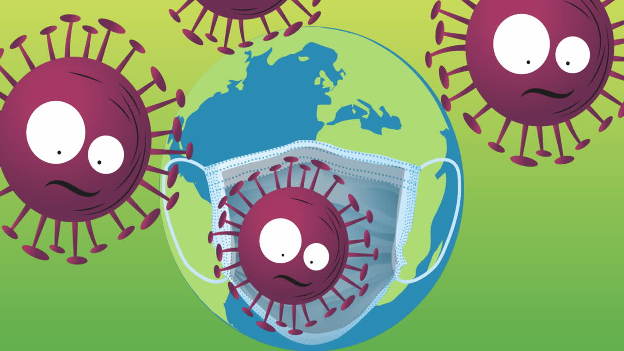 얼굴 마스크를 쓰고 전 세계에 떨어지는 코로나19 세포의 애니메이션