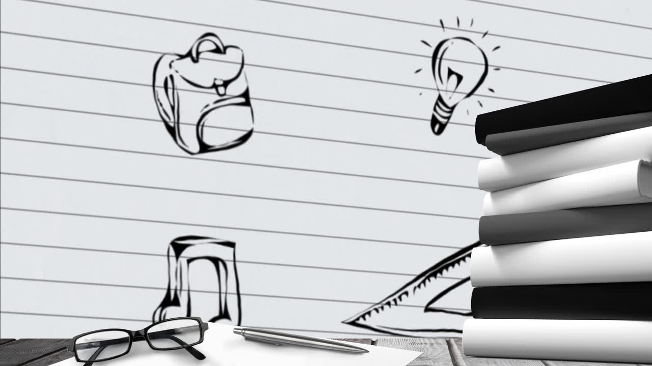 equipos escolares múltiples contra dibujos en papel con líneas blancas