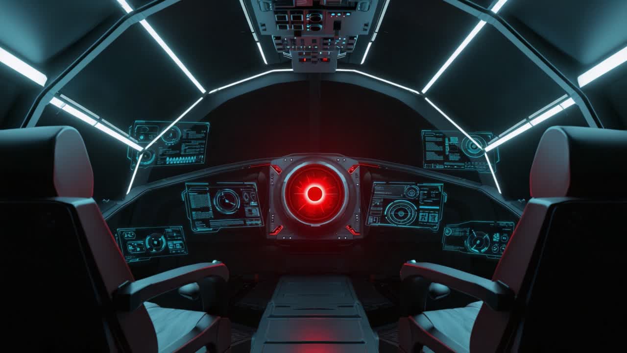 Futuristic Cockpit View with High-Tech Control Panels Illuminated by Red and Blue Lights, Showcasing an Advanced Sci-Fi Interface and Sleek Design Elements