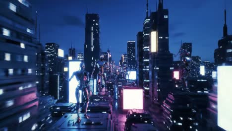 vibrant cityscape at night filled with towering structures and illuminated billboards. the atmosphere is electric, showcasing modern urban life and technology in a bustling metropolis.