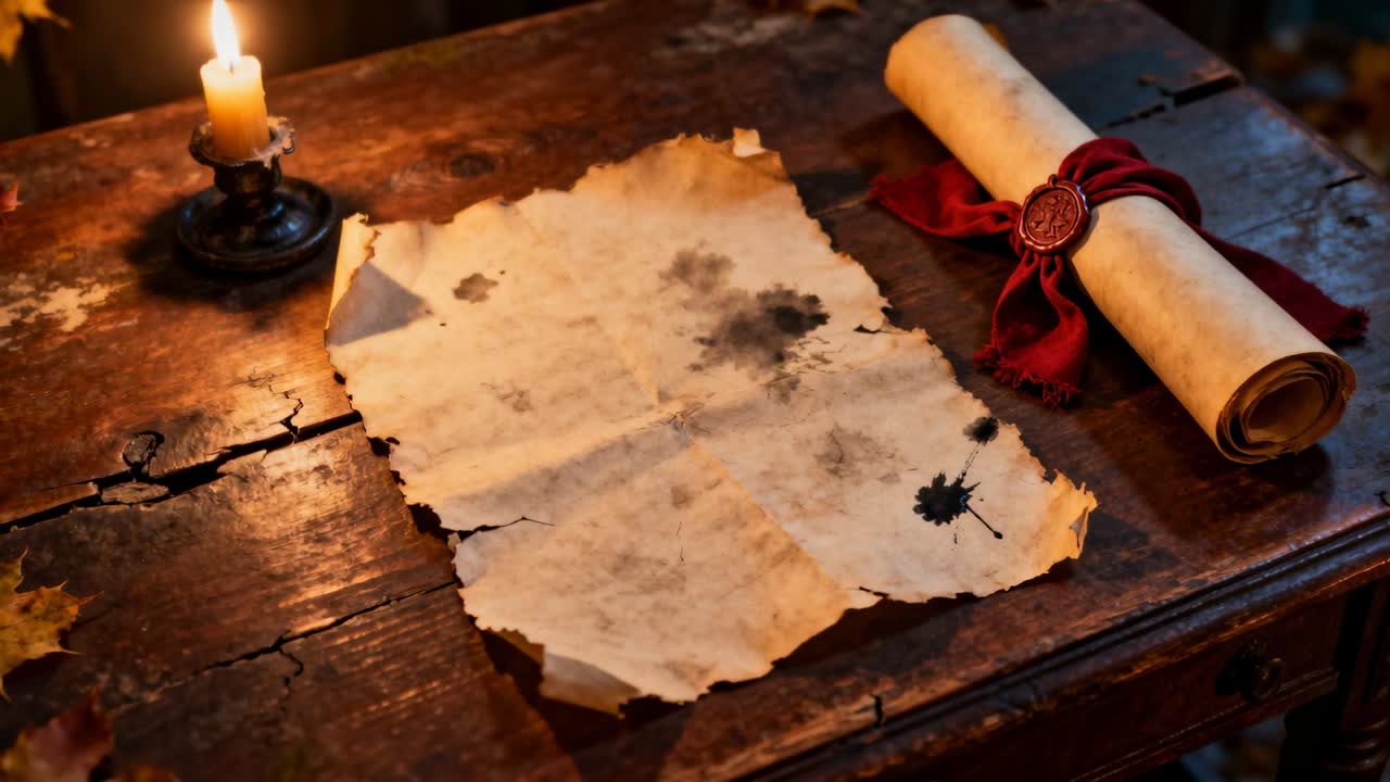 Fiamma di candela tremolante che proietta luce su una pergamena invecchiata su una scrivania da studio, rivelando una pergamena sigillata.