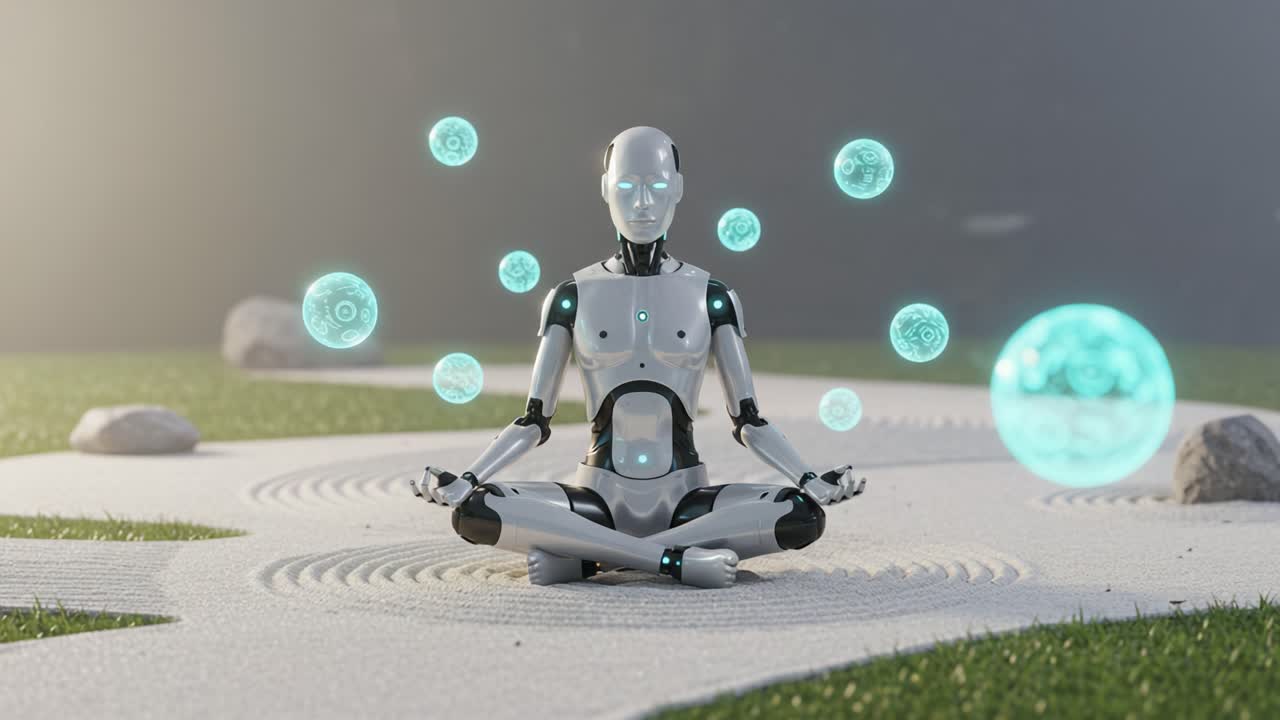 A Serene Robot Meditates in a Tranquil Setting Surrounded by Ethereal Energy Orbs, Illustrating the Intersection of Technology and Calmness in a Futuristic Garden