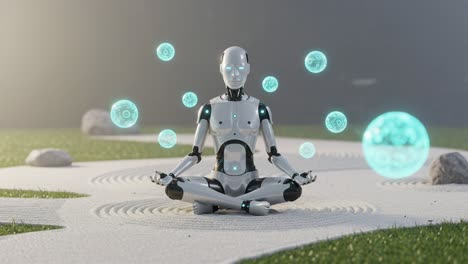a serene robot meditates in a tranquil setting surrounded by ethereal energy orbs, illustrating the intersection of technology and calmness in a futuristic garden
