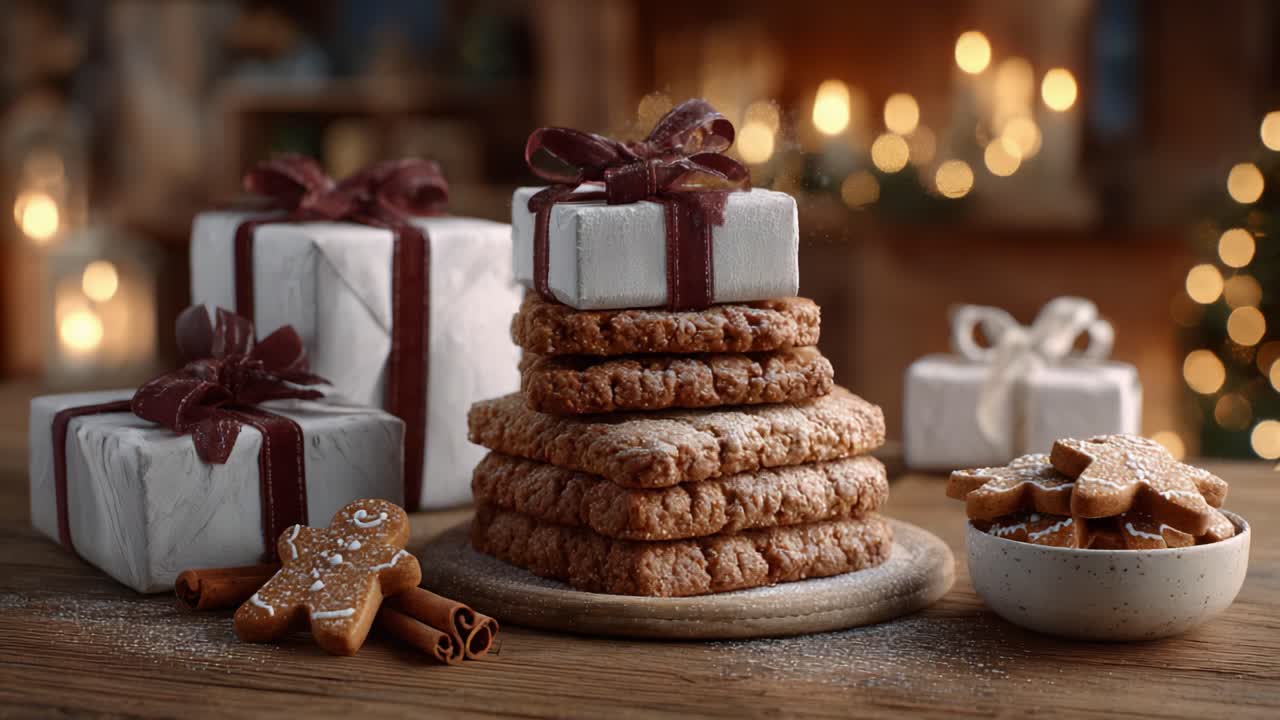A Festive Display of Delicious Cookies and Decorative Gifts, Perfectly Arranged for a Cozy Holiday Atmosphere with Warm Lights and Seasonal Cheer