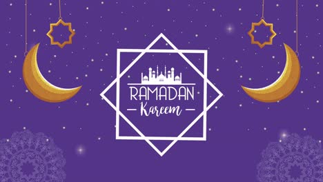 ramadan kareem lettering with golden moons and stars hanging