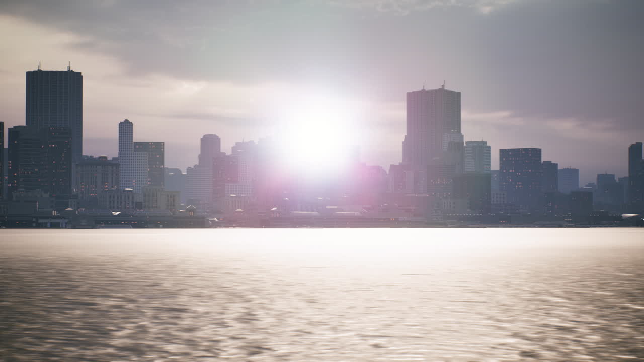 City skyline illuminated by a vibrant sunset reflected on the calm water