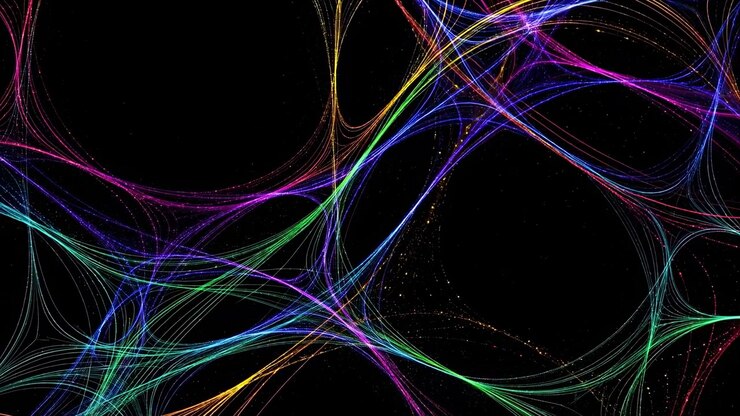 Linhas finas e luminosas se curvam, se sobrepõem e flutuam continuamente através de um espaço negativo escuro, criando padrões de ondas fluidos com transições de cores brilhantes, textura delicada e profundidade em camadas.