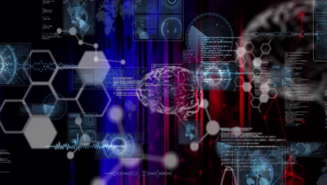 animación del procesamiento de datos con cerebro y moléculas en la sala del servidor