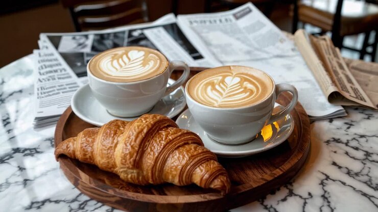 A cozy cafe scene with two lattes and a croissant on a marble table, captured from a high angle