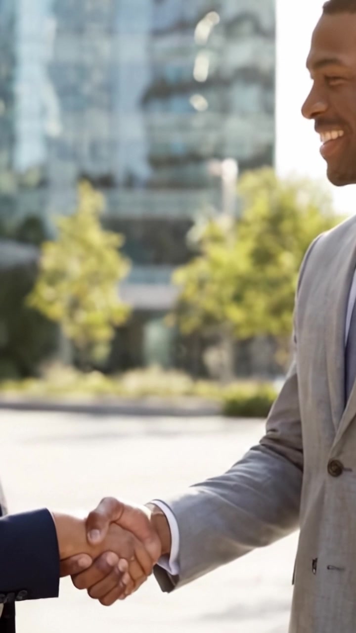 A Friendly Business Encounter: Two Professionals Engage in Conversation Outside of a Modern Urban Office Building in Bright Sunshine