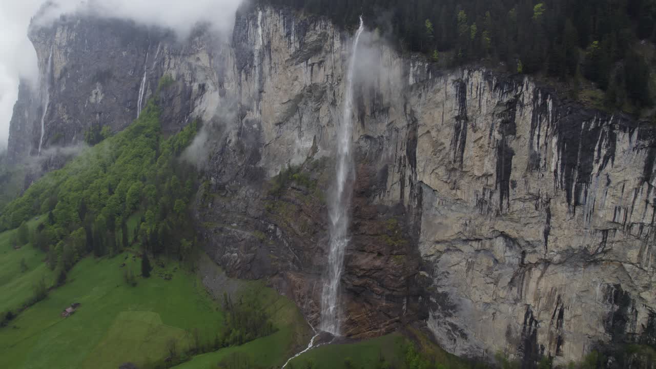 Cascate su scogliere montane mozzafiato a Lauterbrunnen, Svizzera - Paesaggio panoramico aereo.