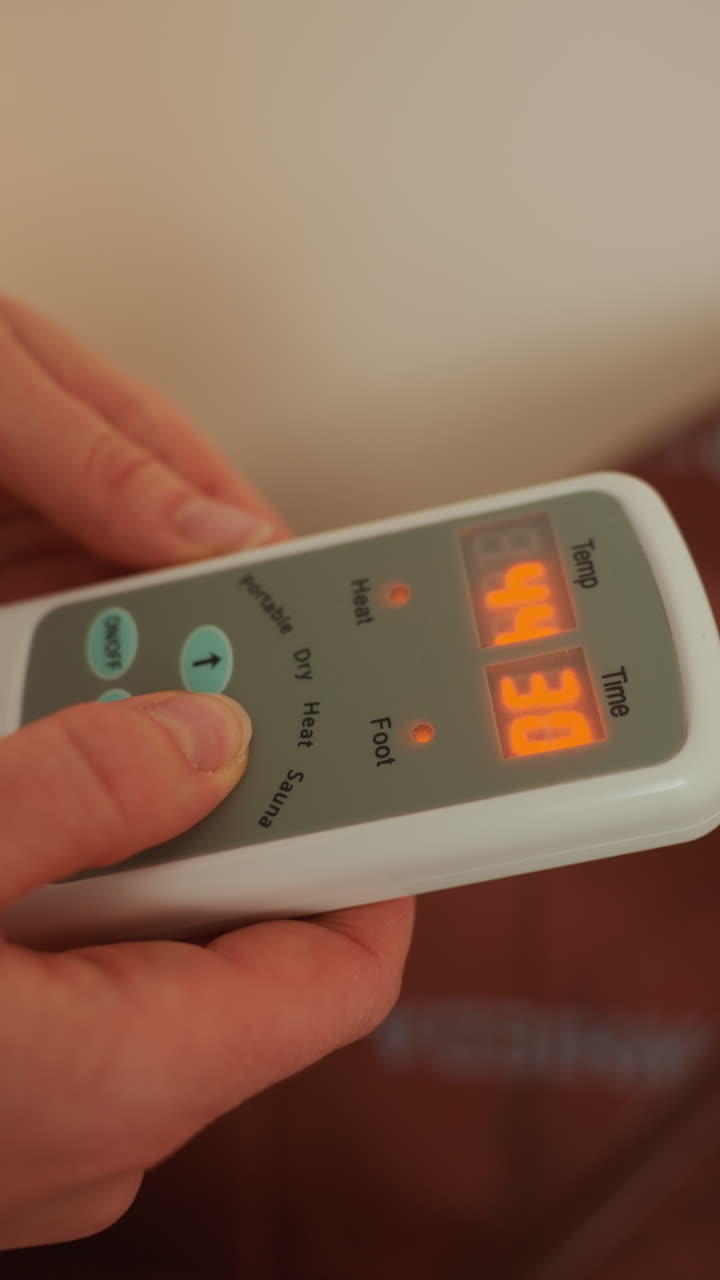 Mani che regolano il telecomando della terapia a microcorrente sopra il lettino da massaggio, display indicatore arancione che mostra l'intensità, pollice che preme i pulsanti, illuminazione calda e soffusa, primo piano dei controlli del dispositivo, uso domestico suggerito.