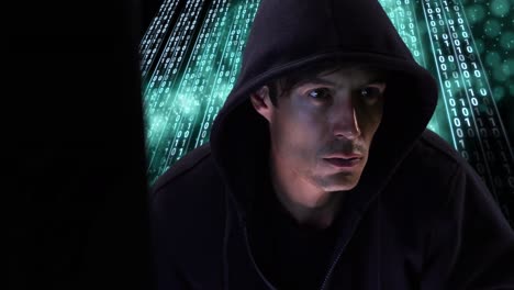 animation of caucasian hacker over data processing on dark background