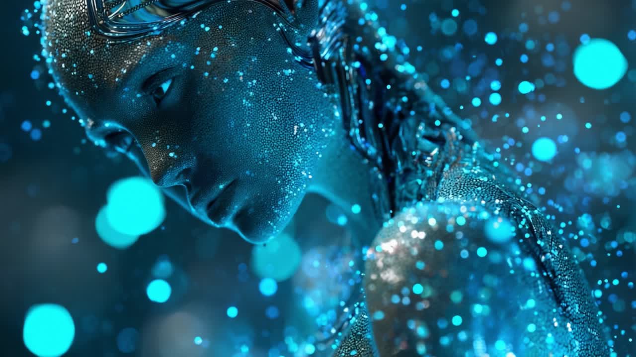 A Stunning Portrait of a Futuristic Female Figure Covered in Shimmering Particles and Glowing Lights, Representing the Fusion of Technology and Artistry