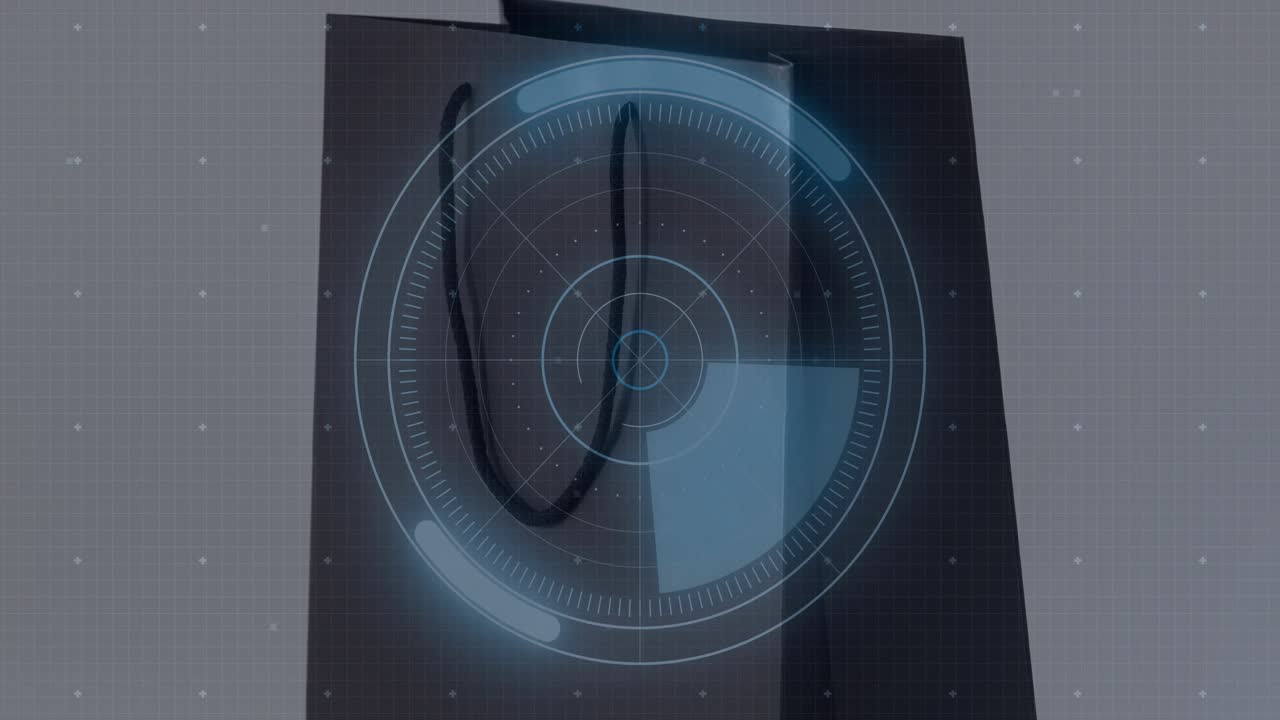 HUD activating over glossy black bag, radar sweeping, pie shifting, bars rising, visualizing data