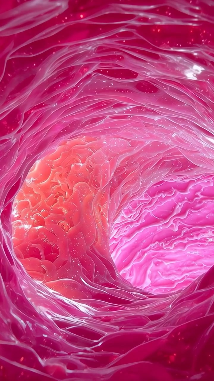 Vertical video: Moving camera into membrane tunnel on start, revealing pink core and glowing specks