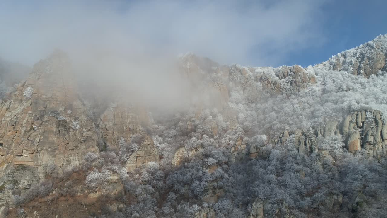 안개 가 가득 한 눈 인 산꼭대기