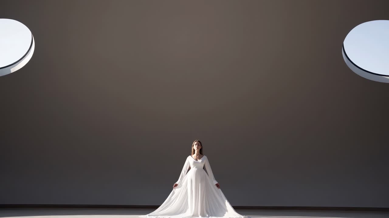 Young woman wearing white dress meditating in a modern building with circular windows, embracing serenity and mindfulness in a minimalist architectural space