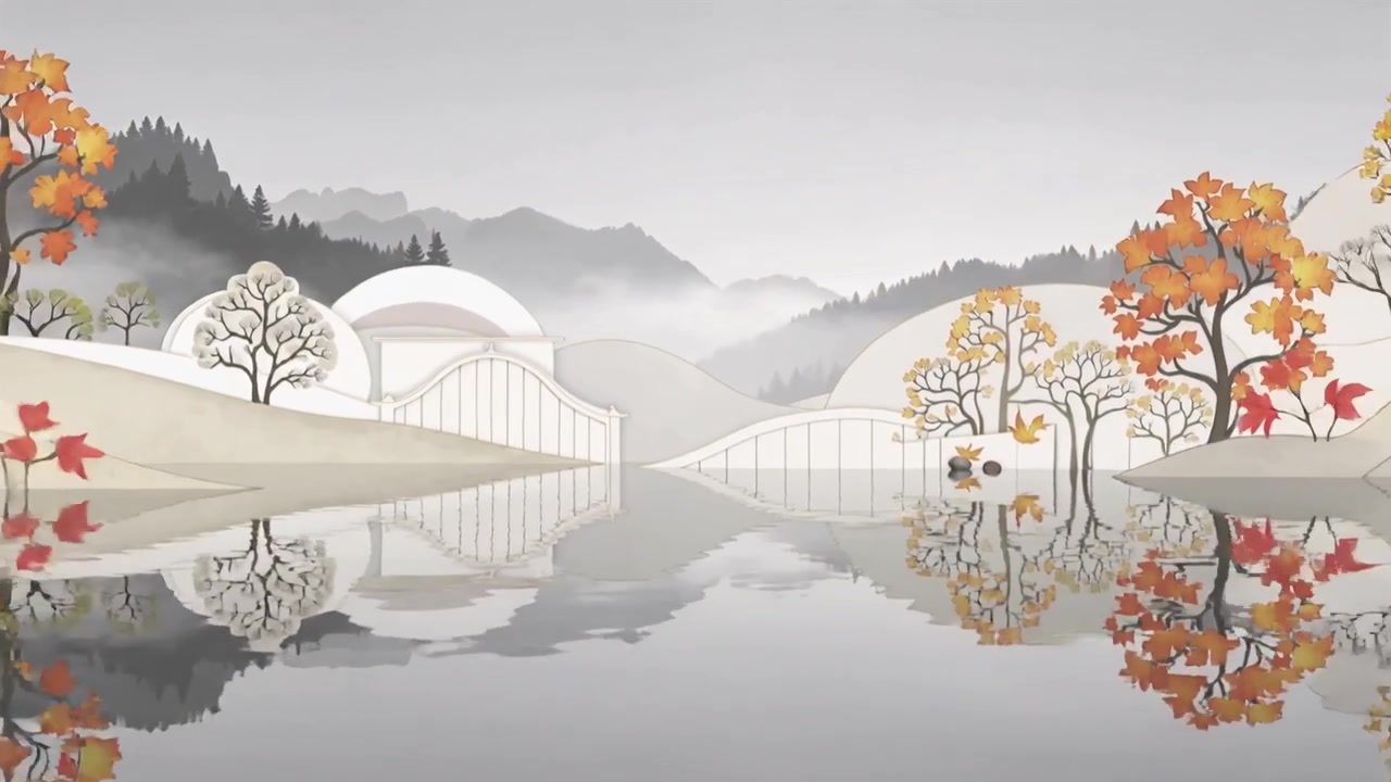 镜头打开后拉远，展现出更广阔的平静湖面、橘子树和一座白色桥梁。