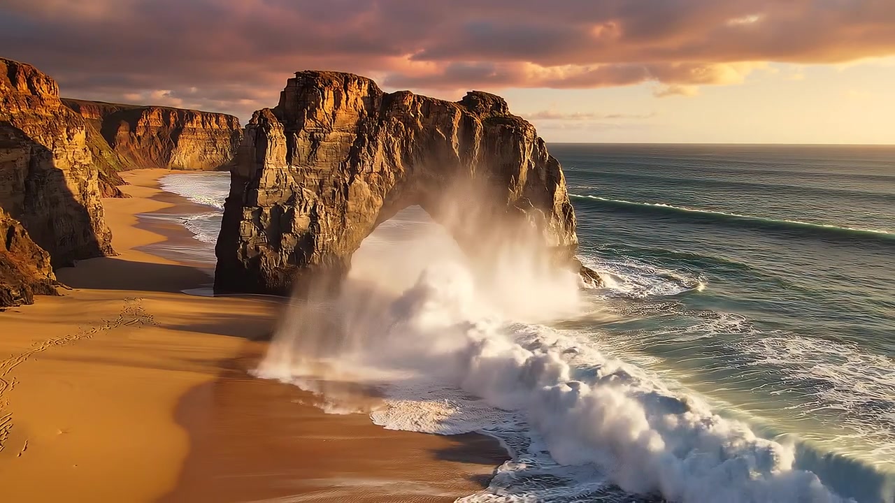 Tramonto drammatico su un arco di pietra naturale su una costa sabbiosa