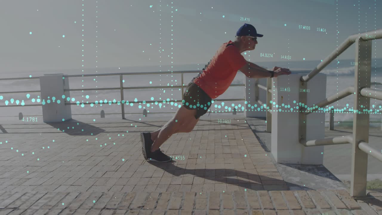 Senior fitness trainer gripping railing performing incline pushups with data overlays tracking form