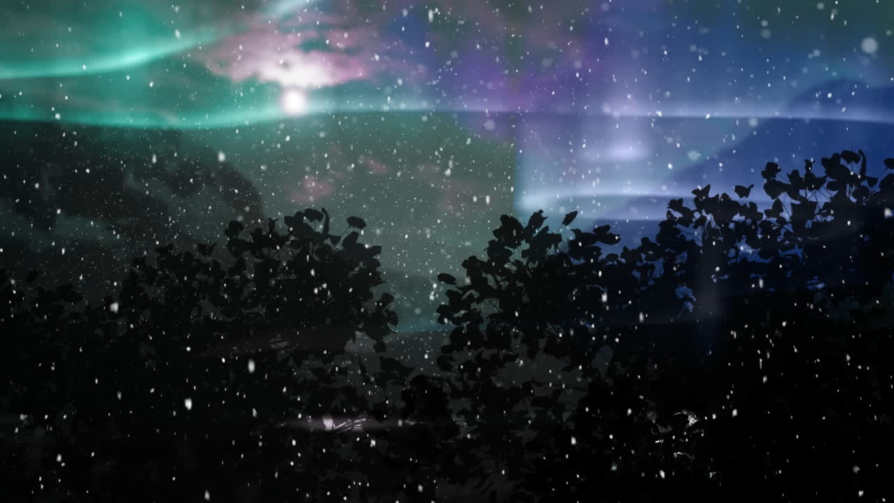 배경 에 있는 공간 에 비해 나무 에 눈 이 떨어지는 디지털 애니메이션