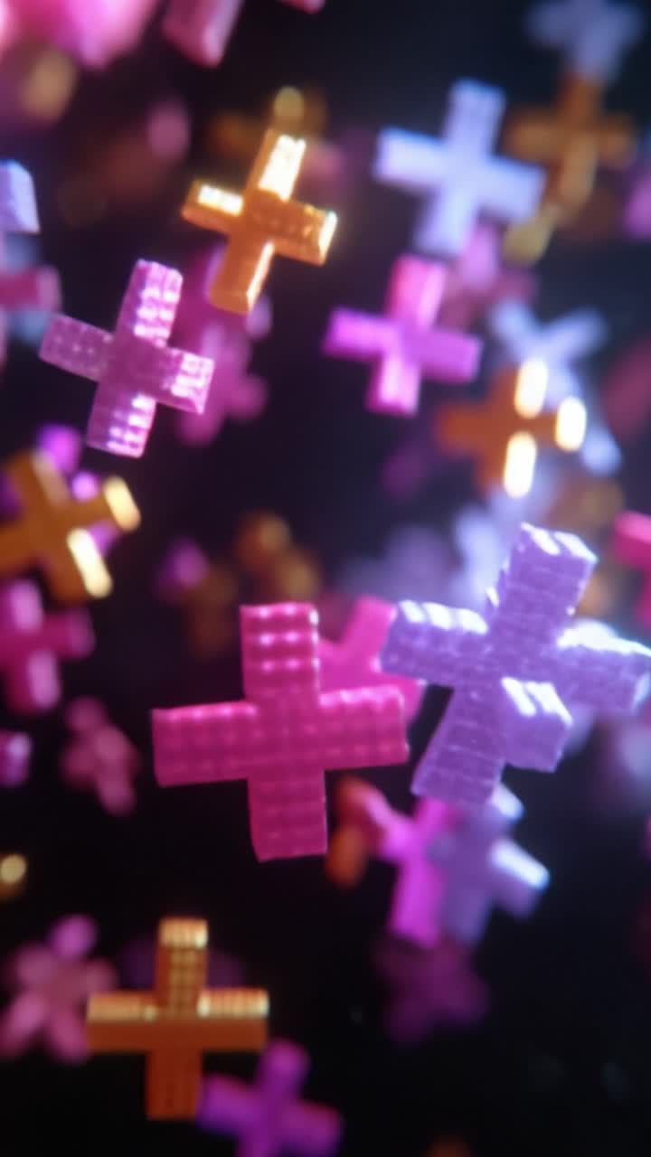 Sfondo astratto vibrante con forme colorate fluttuanti ed effetto bokeh, caratterizzato da una varietà di simboli a forma di croce rosa, viola e arancioni in uno spazio onirico.