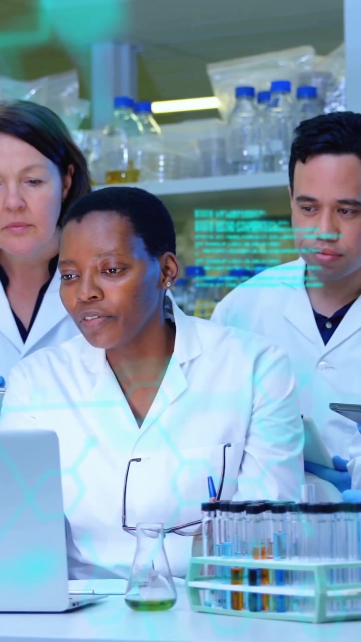 Animation of chemical formula and data processing over diverse scientists using laptop