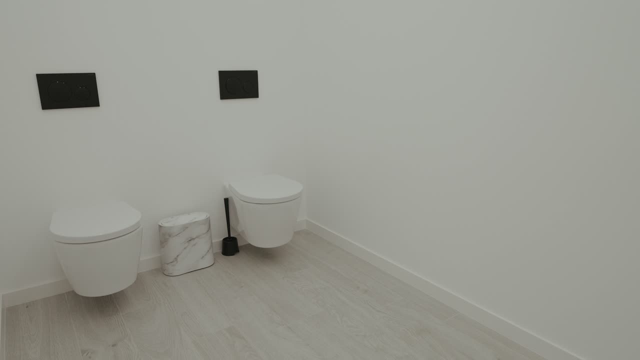 Vista ampia di bagno moderno con water e bidet a parete