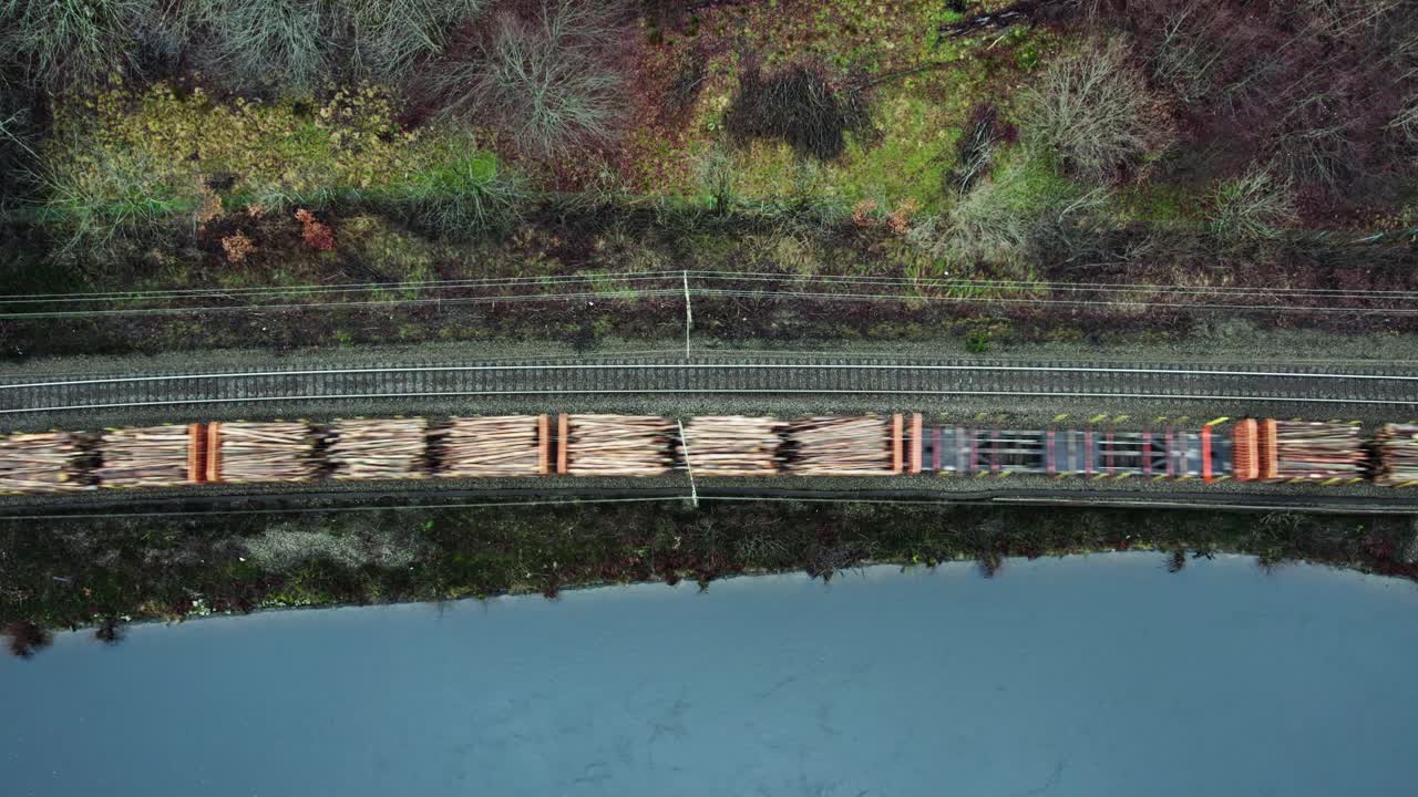 Aerial view of a timber freight train, highlighting deforestation impact