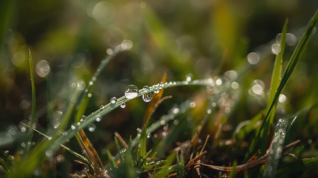 Shifting focus lens following single curved grass blade dipping at ground with dew beads coalescing