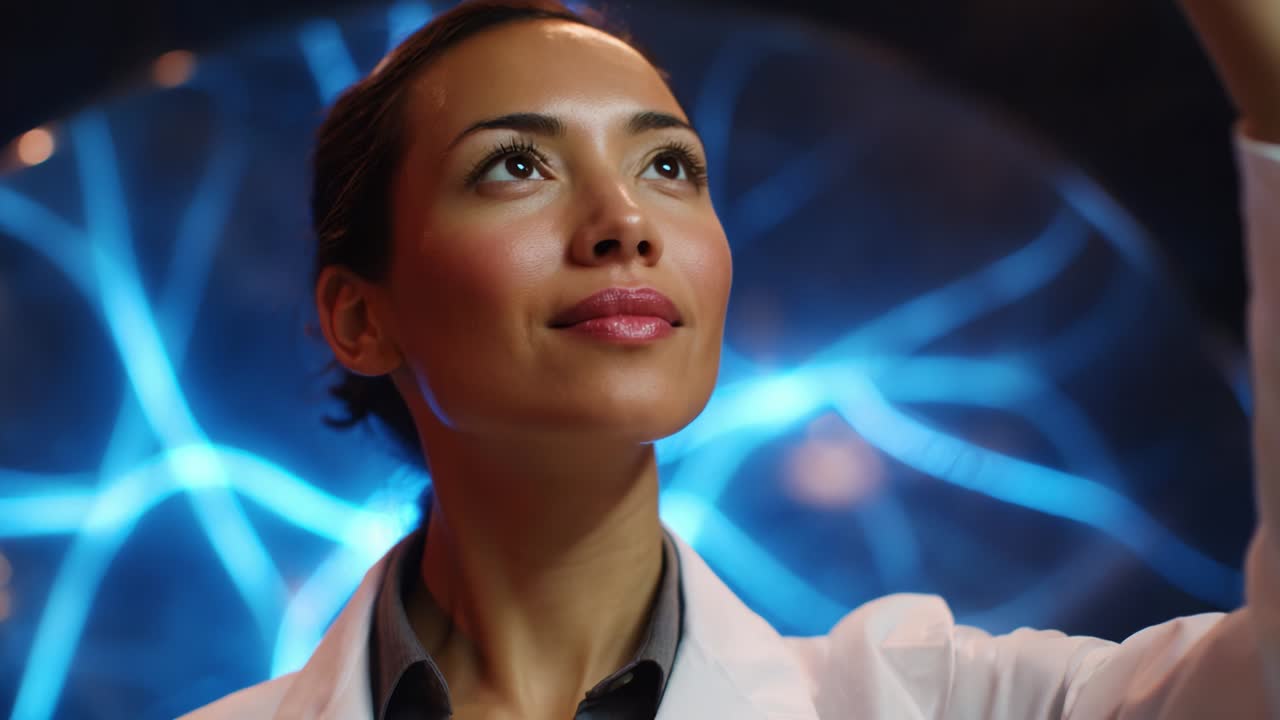 An Innovator in Action: A Focused Scientist Examines Groundbreaking Research with Passion and Determination Set Against an Electrifying Background of Neural Patterns and Scientific Curiosity