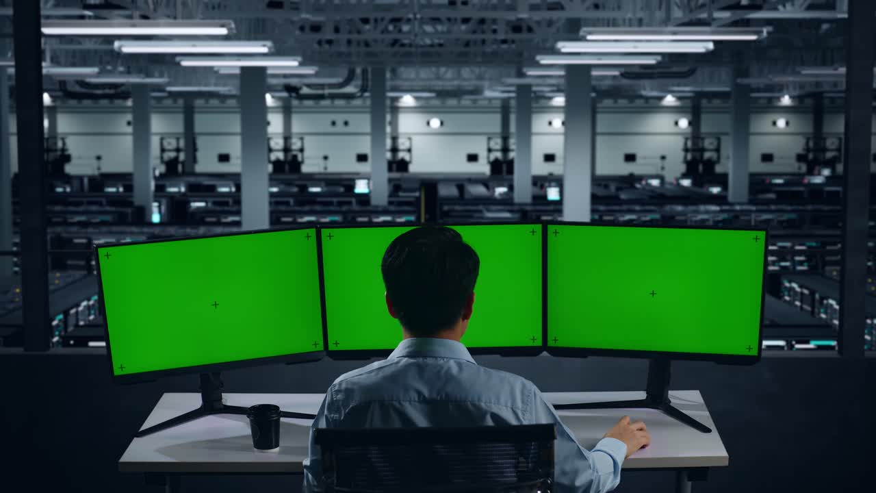 hombre estirándose en una sala de servidores