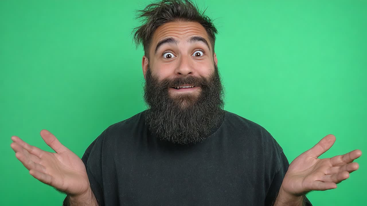 Un uomo barbuto e allegro che esprime curiosità o sorpresa su uno sfondo verde vivace, catturando un momento divertente e coinvolgente, perfetto per la narrazione visiva o l'umorismo