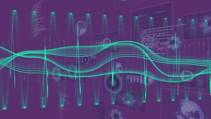 Animation of digital data processing over purple background