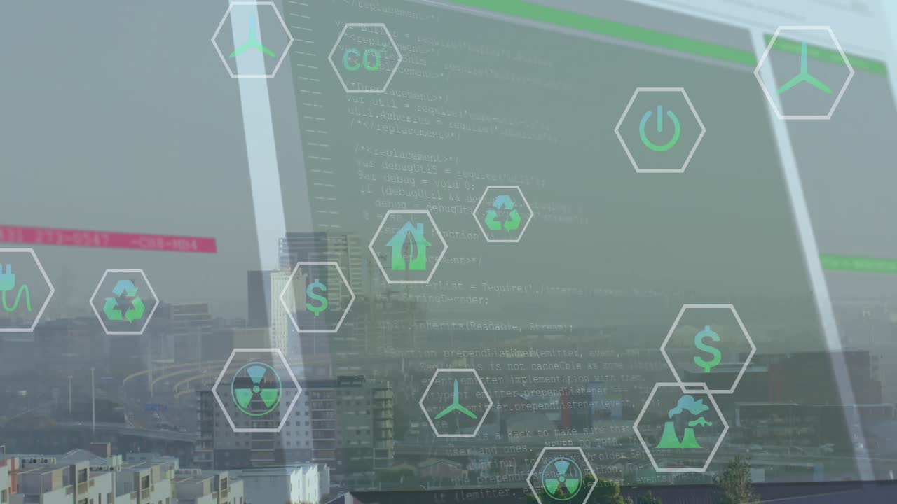 도시 풍경 위의 데이터 처리 및 아이콘의 애니메이션