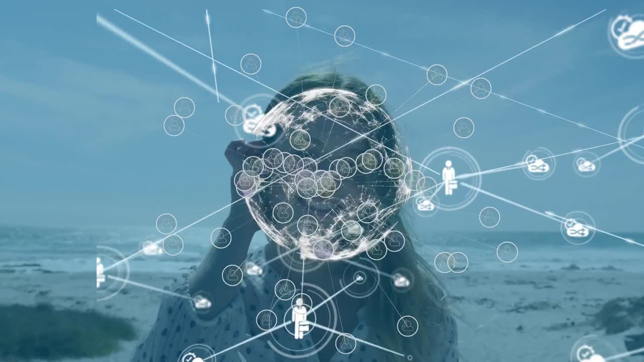 해변에서 행복한 백인 여성에 대한 미디어 아이콘과의 연결 네트워크의 애니메이션